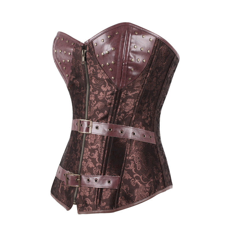 A black and brown Jacquard Steampunk Leather Corset with buckles and straps by Maramalive™.