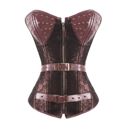 A black and brown Jacquard Steampunk Leather Corset with buckles and straps by Maramalive™.
