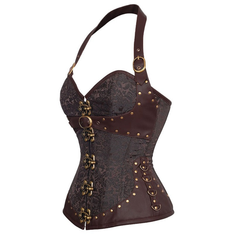 A rebellious woman dons a Maramalive™ Halter Neck Gothic Corset - Strapped Steampunk Bustier with Metal outfit featuring a strapped bustier with metal accents and wears glasses.