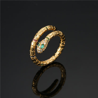 A MaramaliveTM gold snake ring with multi colored stones.