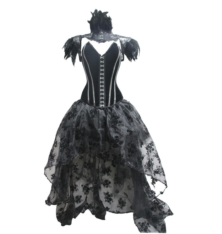A Gothic Floor-Length Skirt Punk Dark Stage Catwalk corset with feathers on it by Maramalive™.