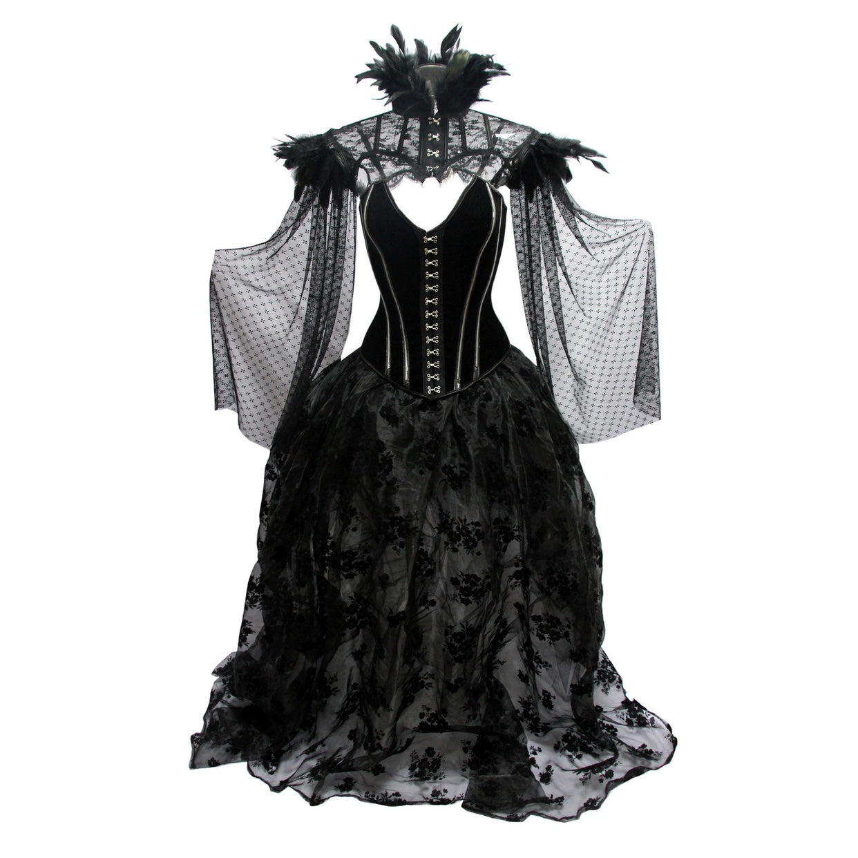 A Gothic Floor-Length Skirt Punk Dark Stage Catwalk corset with feathers on it by Maramalive™.