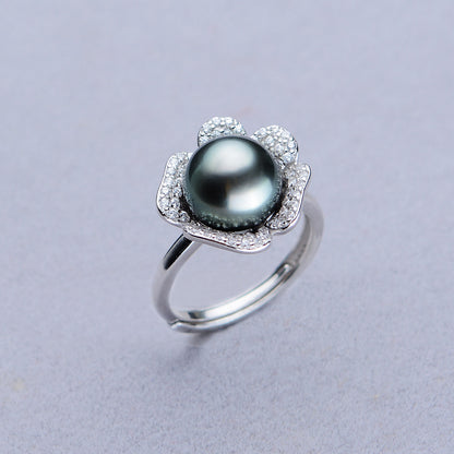 Near Round Tahiti Black Pearl Ring 9-10mm Ring 925 Silver Seawater Pearl Pearl Ring