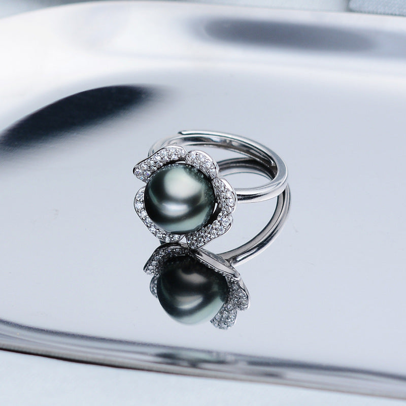 Near Round Tahiti Black Pearl Ring 9-10mm Ring 925 Silver Seawater Pearl Pearl Ring
