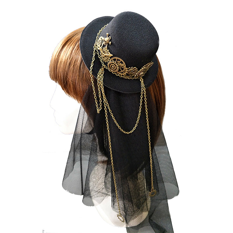 A mannequin wearing a Steampunk Mini Top Hat with gold chains from Maramalive™.