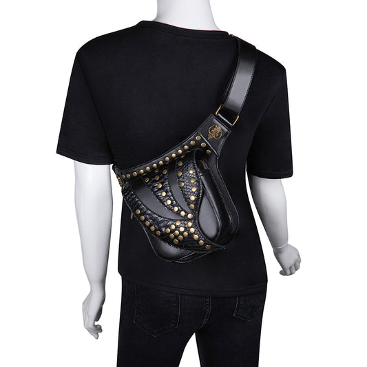 A mannequin wearing a Steampunk Rock Vegan Locomotive Bag Shoulder Messenger Bag by Maramalive™.