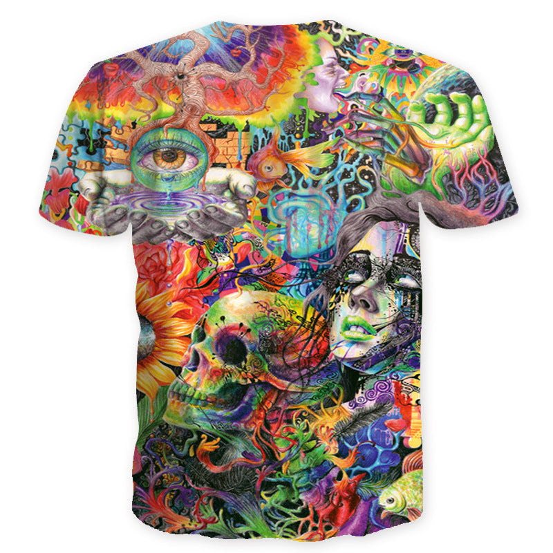 A colorful Maramalive™ 3D Printed Skull Graffiti T-Shirt for Women and Men with psychedelic designs on it.