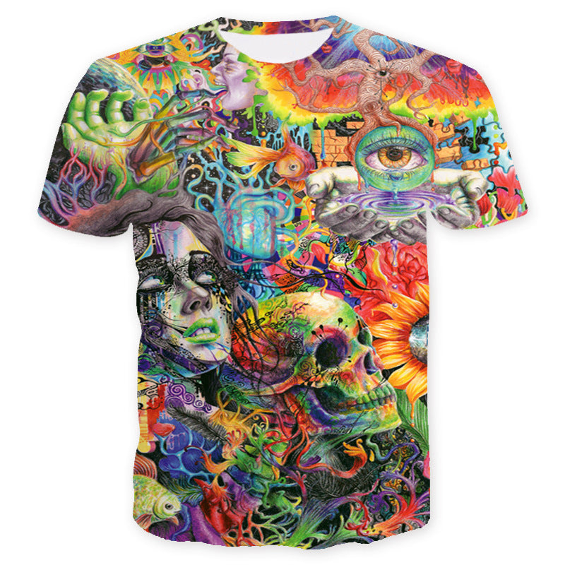 A colorful Maramalive™ 3D Printed Skull Graffiti T-Shirt for Women and Men with psychedelic designs on it.