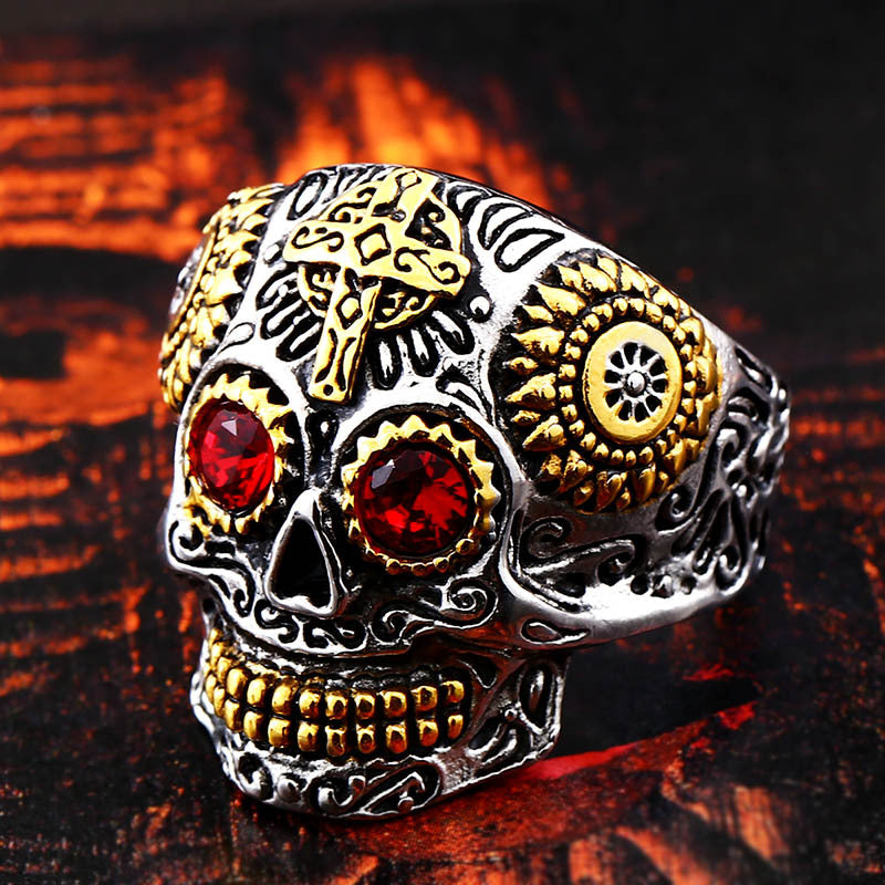 A Crazy Design Multi colored Striking Skull Ring Biker Make it Yours Now by Maramalive™ on a black background.