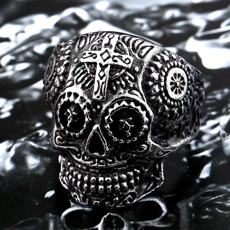 A Crazy Design Multi colored Striking Skull Ring Biker Make it Yours Now by Maramalive™ on a black background.