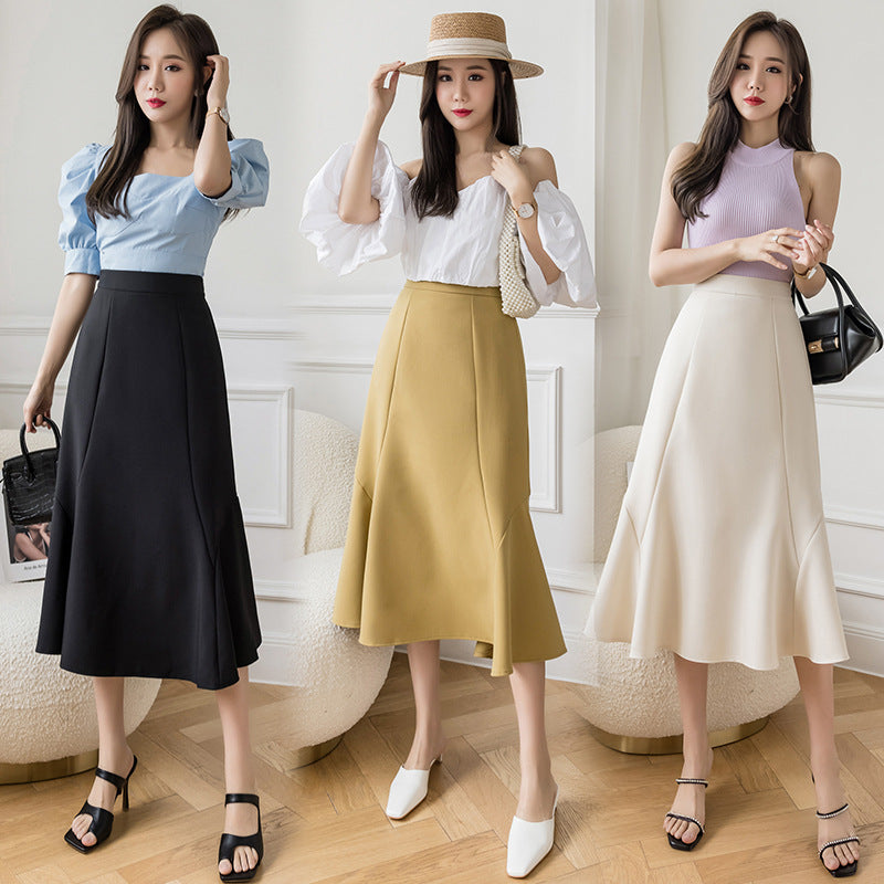 High Waist Skirt Irregular Over The Knee Mid-Length Skirt