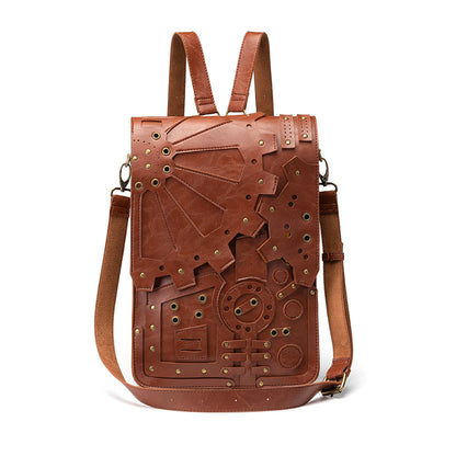 A brown Maramalive™ Steampunk One-shoulder Messenger Bag - Retro Round Locomotive Style with a clock on it.