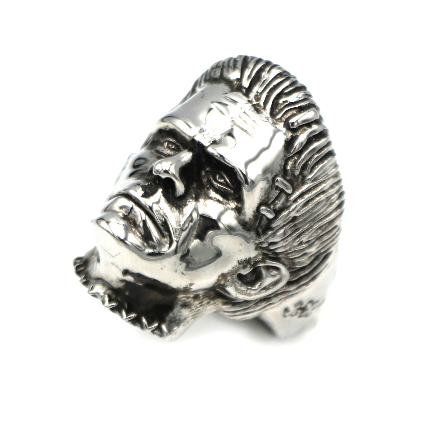 A silver Science Fiction Victor Frankenstein Rings Punk Horror Scientist Stainless Steel Skull Ring Men's Biker Jewelry with a frankenstein head on it from Maramalive™.