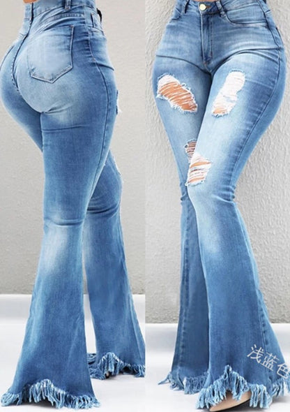 Cool Fashion Personality, Worn-Out Holes, White High-Waisted Jeans, Thin, Fringed Fringe Weird Denim Jeans For Ladies