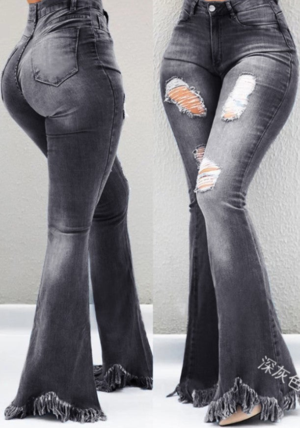 Cool Fashion Personality, Worn-Out Holes, White High-Waisted Jeans, Thin, Fringed Fringe Weird Denim Jeans For Ladies