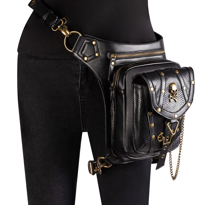 A black Maramalive™ Chain Bag Female Small Bag Steampunk Retro Locomotive Bag Lady Shoulder Messenger Bag Female Waist with studs and chains.