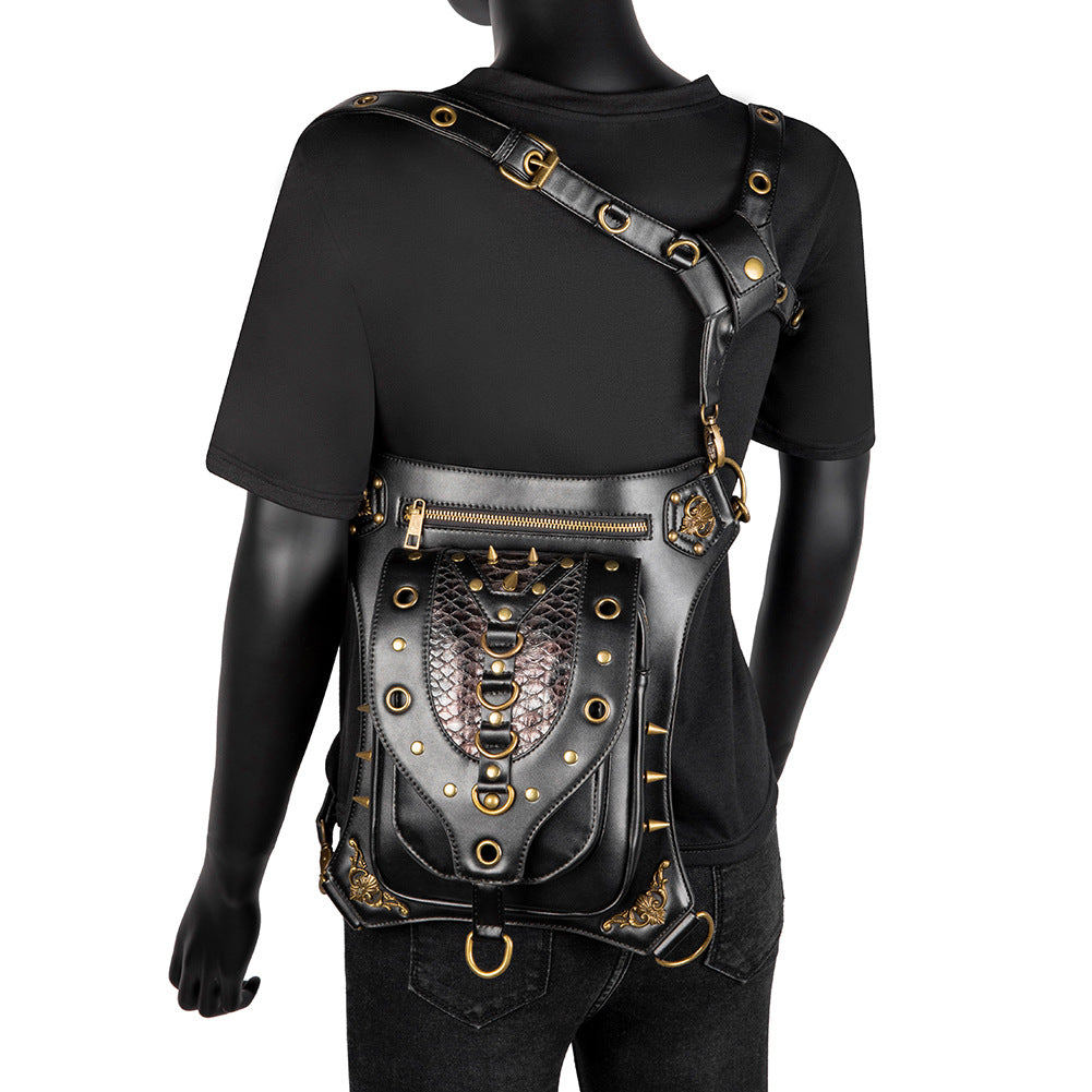 A black Maramalive™ Chain Bag Female Small Bag Steampunk Retro Locomotive Bag Lady Shoulder Messenger Bag Female Waist with studs and chains.