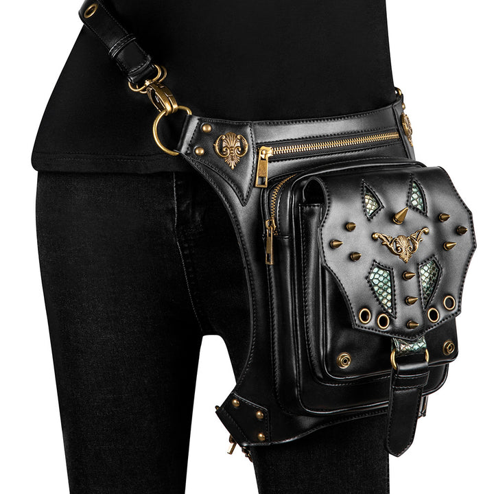 A black Maramalive™ Chain Bag Female Small Bag Steampunk Retro Locomotive Bag Lady Shoulder Messenger Bag Female Waist with studs and chains.