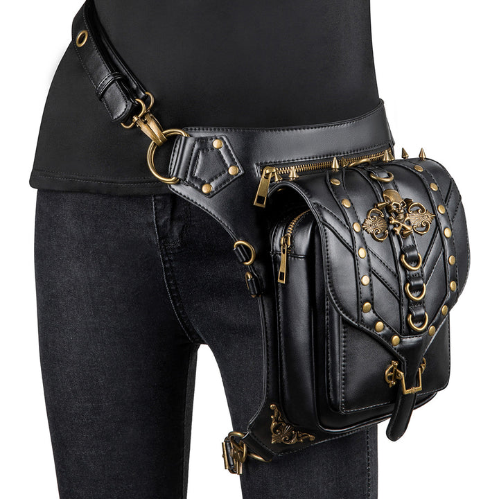 A black Maramalive™ Chain Bag Female Small Bag Steampunk Retro Locomotive Bag Lady Shoulder Messenger Bag Female Waist with studs and chains.