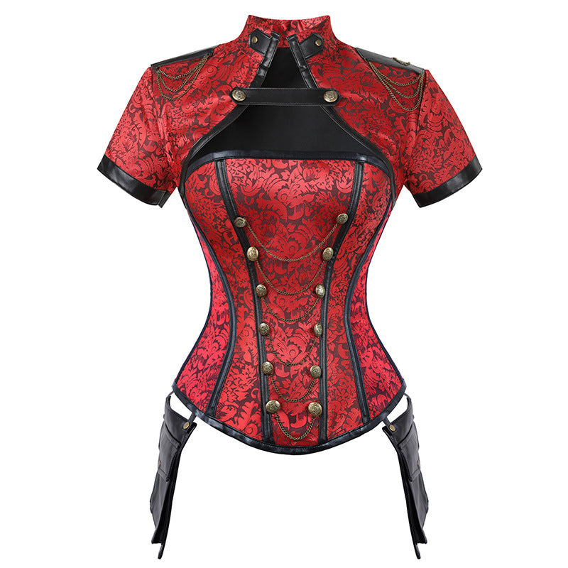 A women's Steampunk Corset Shawl - Women's Punk Tops in red and black by Maramalive™.