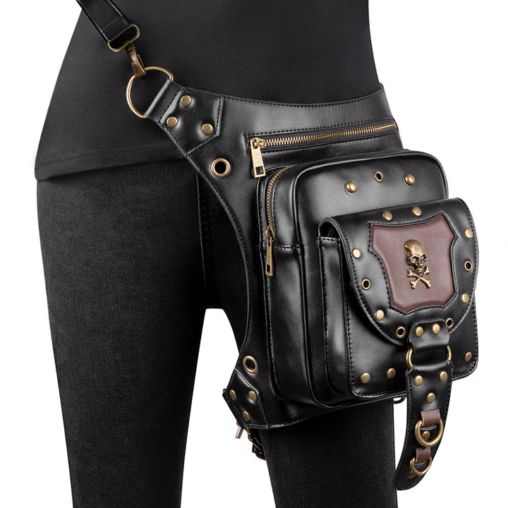 A black Maramalive™ Chain Bag Female Small Bag Steampunk Retro Locomotive Bag Lady Shoulder Messenger Bag Female Waist with studs and chains.