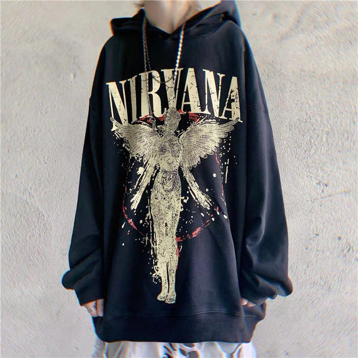 Person wearing a Maramalive™ Oversized Punk Style & Hoodie Sweatshirt: Edgy Look with the word "NIRVANA" and a gothic fallen angel graphic on the front.