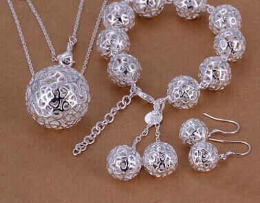 A Maramalive™ silver-plated 3D Ball Pendant Jewelry set with a silver ball necklace and earrings.