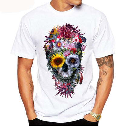 A man wearing a white Voodoo Skull Print T-shirt with flowers on it.
