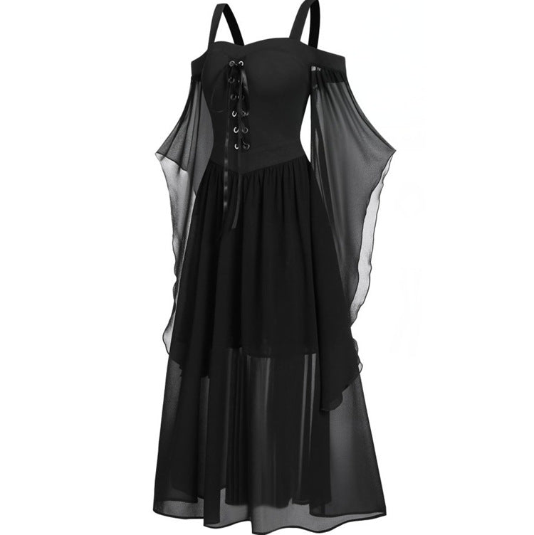 A black gothic Halloween Witch Sling Strap And Big One Piece Dress with sheer sleeves from Maramalive™.