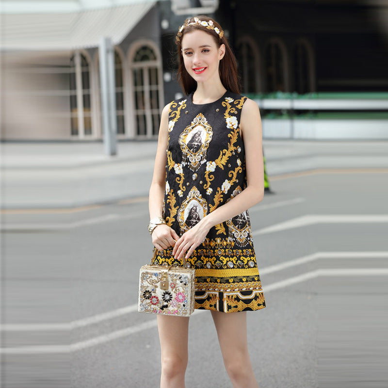 Fashion New High-End Custom Luxury Diamond-Studded And Beaded Virgin Printed Vest Dress