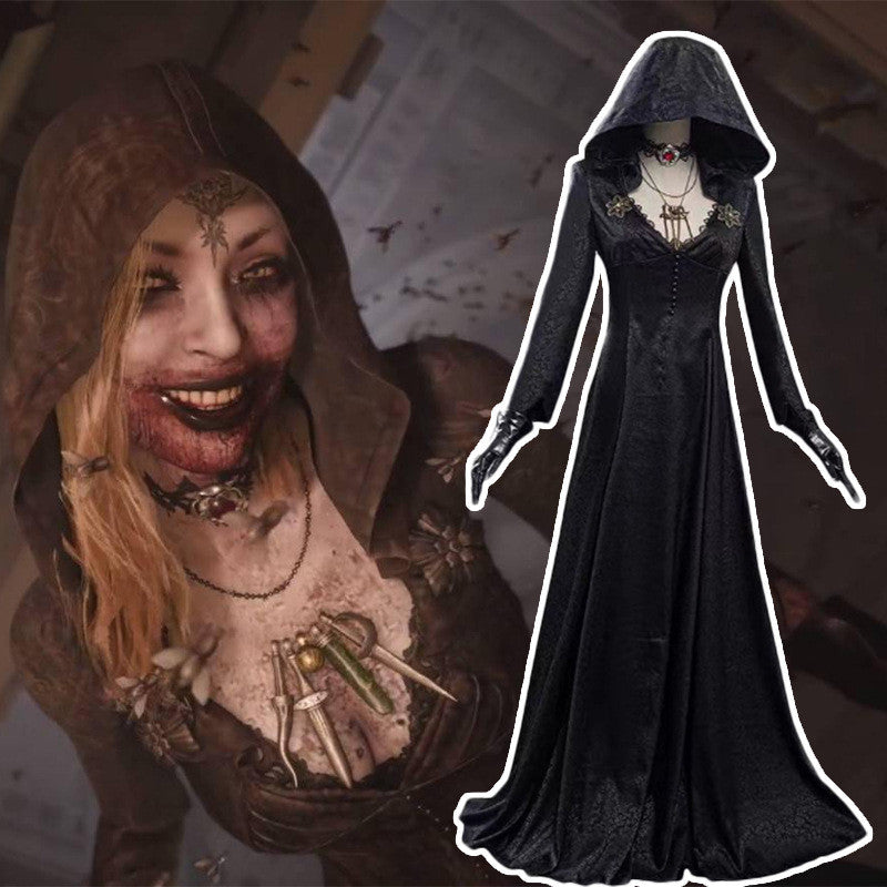 A pair of Maramalive™ Female Black Vampire Long Dress Halloween Costumes with hoods and lace hoods.