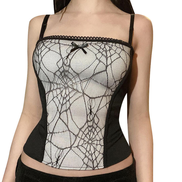 A European woman wearing a black and white Spider webTank Tops by Maramalive™ corset.