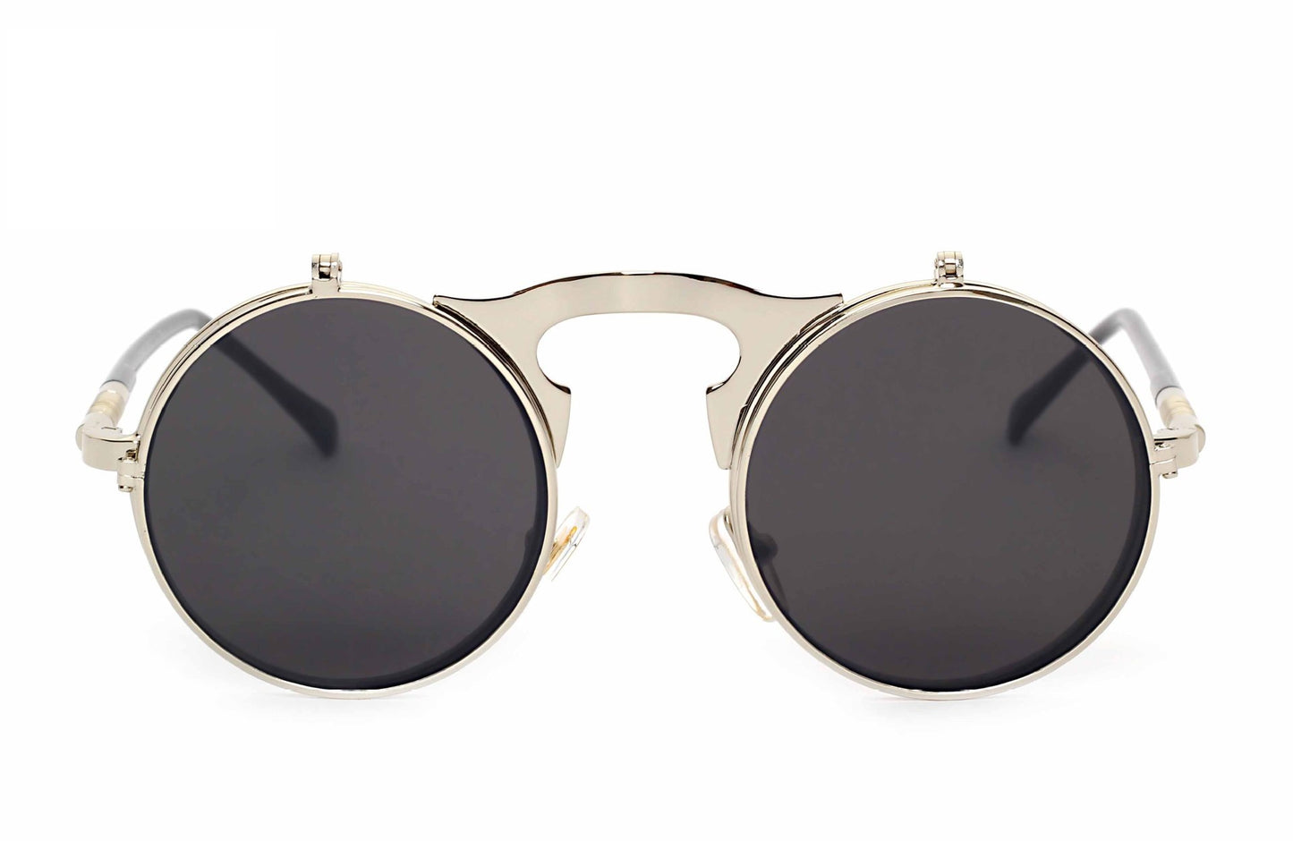 A pair of Maramalive™ Steampunk Flip Sunglasses with an orange and gold design.