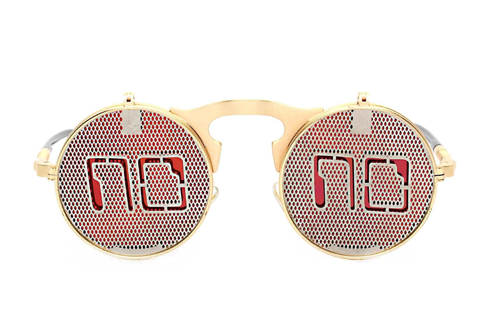 A pair of Maramalive™ Steampunk Flip Sunglasses with an orange and gold design.