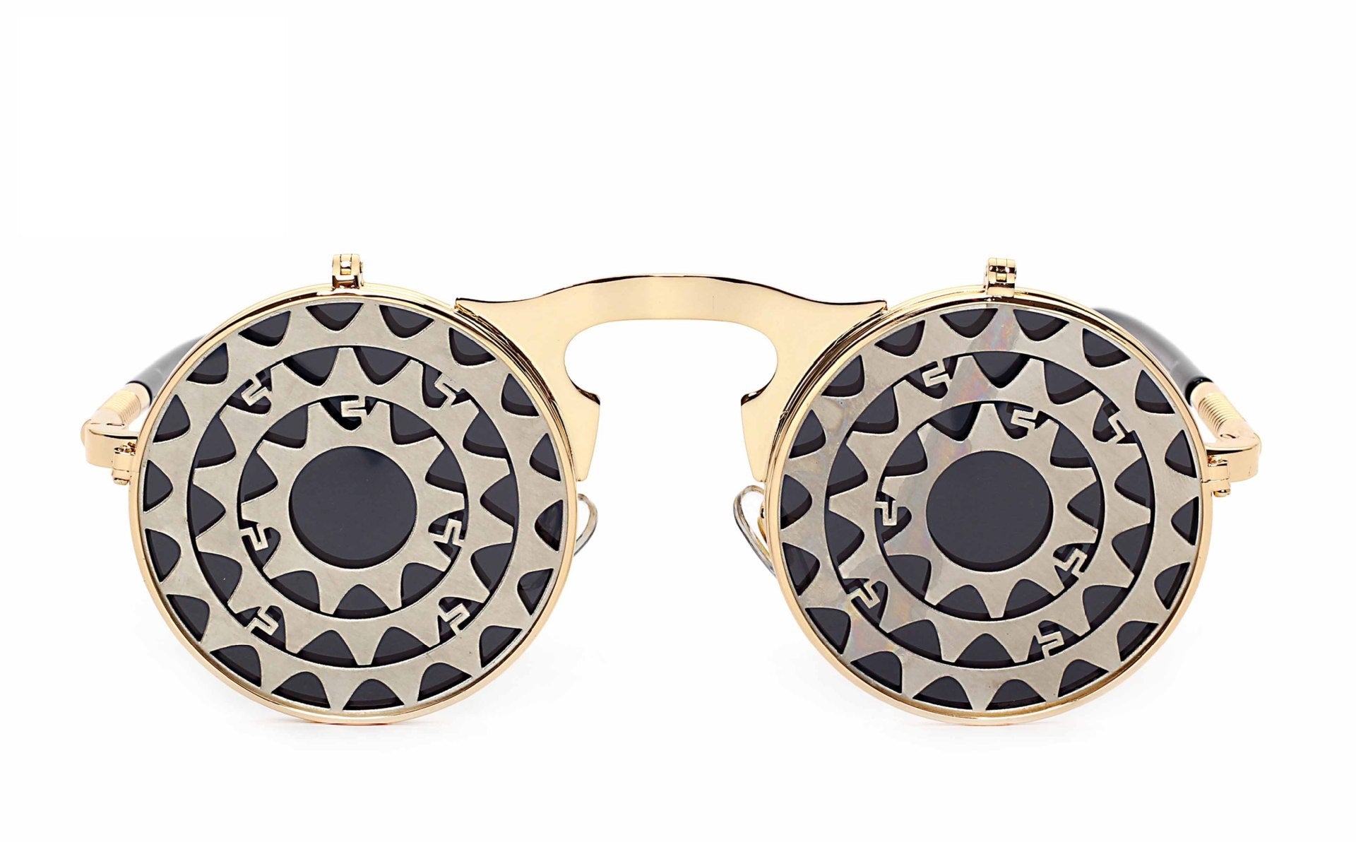 A pair of Maramalive™ Steampunk Flip Sunglasses with an orange and gold design.