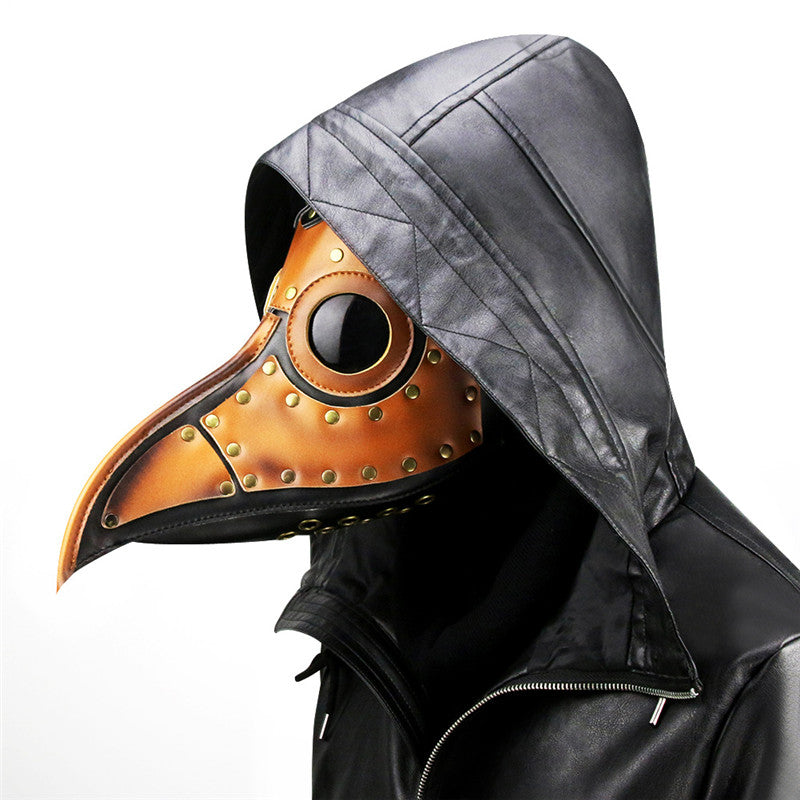 A man in a black leather jacket wearing a Maramalive™ Easter Steampunk Plague Beak Mask.