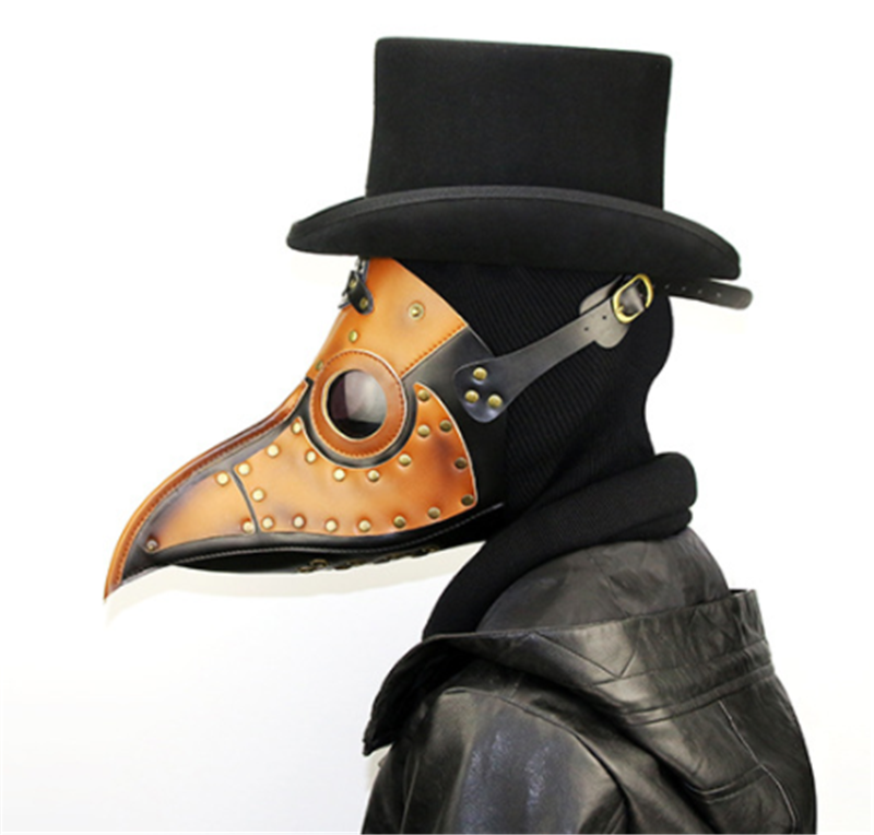 A man in a black leather jacket wearing a Maramalive™ Easter Steampunk Plague Beak Mask.