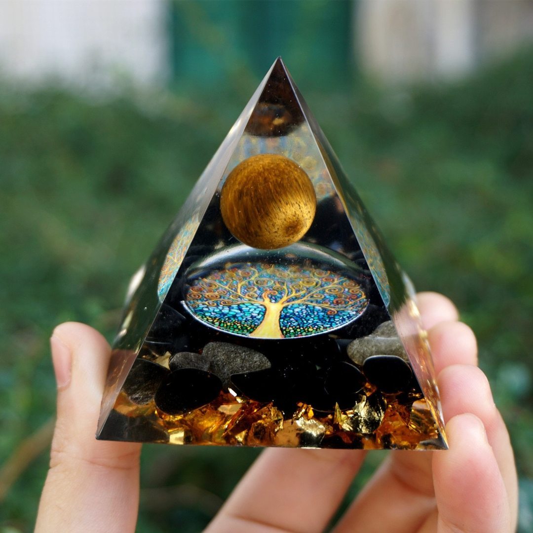 Maramalive™ Natural Tiger Eye Orgonite Pyramid Healing Crystals Centerpiece Energy Generator Reiki Chakra Multiplier Orgone Amethyst Meditation w/ amethyst crystals.