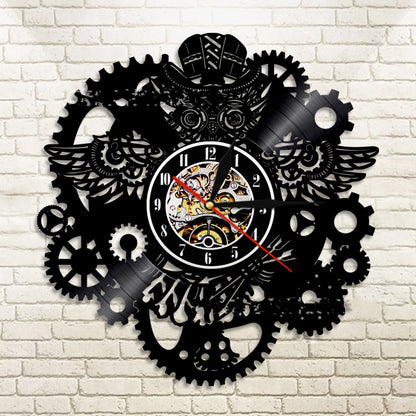 Maramalive™ Vinyl Record Wall Clock LED Light Steampunk Owl Creative Retro Nostalgic Wall Clock Wall Clock with gears on a brick wall.