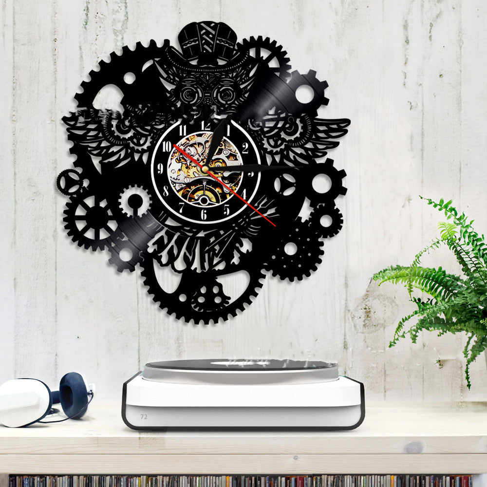 Maramalive™ Vinyl Record Wall Clock LED Light Steampunk Owl Creative Retro Nostalgic Wall Clock Wall Clock with gears on a brick wall.