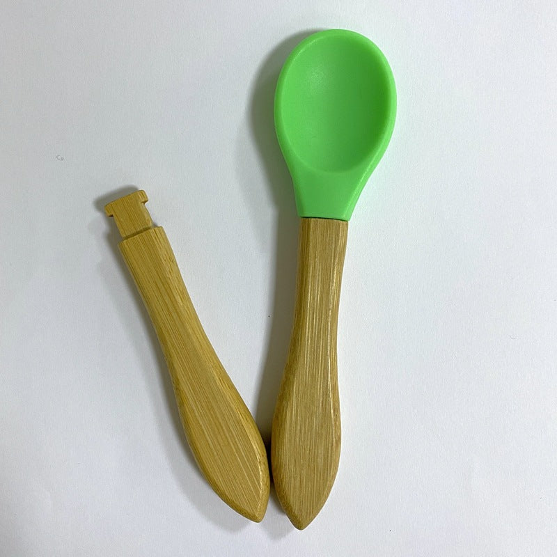 A set of Maramalive™ Silicone Baby Bamboo Spoons arranged in a circle.
