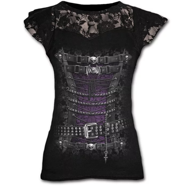 A Plus Size Goth Graphic Lace T Shirt For Women Gothic with a short sleeve and an angel print by Maramalive™.