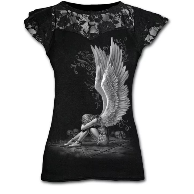 A Plus Size Goth Graphic Lace T Shirt For Women Gothic with a short sleeve and an angel print by Maramalive™.