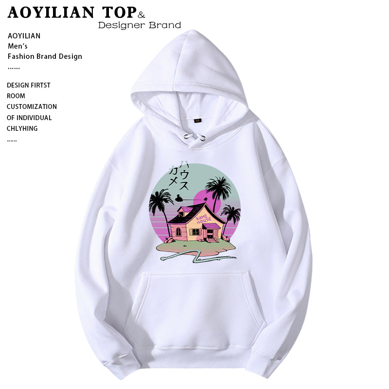 A white Edgy Hoodie: Punk Style Clothing Hoodies for an Edgy Look featuring a graphic of a beach house with palm trees against a sunset background and Japanese text. This punk style hoodie, part of the Maramalive™ Aoyilian Top & Designer Brand collection, combines casual comfort with edgy fashion.
