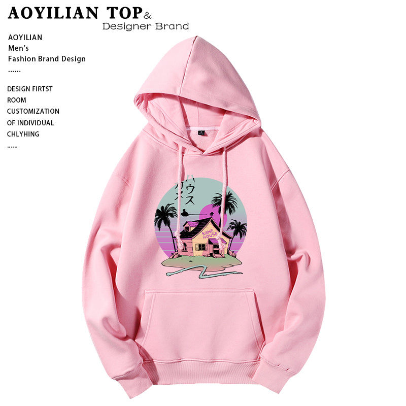 Edgy Hoodie: Punk Style Clothing Hoodies for an Edgy Look with a retro graphic featuring a house, palm trees, and mountains in pastel colors, under a blue and pink sky. Text on the hoodie reads "Maramalive™ Men's Fashion Brand Design." Experience casual comfort with an edgy fashion twist.