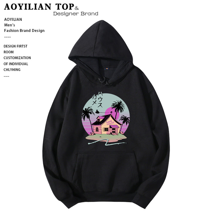 This Edgy Hoodie: Punk Style Clothing Hoodies for an Edgy Look by Maramalive™, epitomizing casual comfort and edgy fashion, showcases a graphic design of a pink house, palm trees, and Japanese text on the front. The background of the graphic boasts a striking sunset gradient in purple and pink tones.