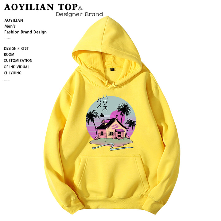 Yellow hoodie with a graphic depicting a pink and purple house, palm trees, and Japanese text, blending casual comfort with edgy fashion. Product name "Edgy Hoodie: Punk Style Clothing Hoodies for an Edgy Look" & Designer Brand "Maramalive™" are visible on the left side.