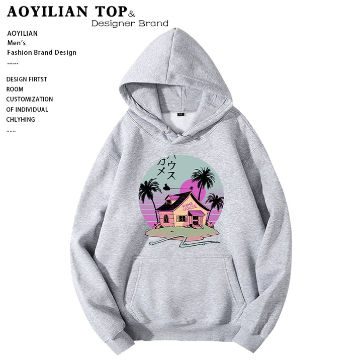 A gray Maramalive™ Edgy Hoodie: Punk Style Clothing Hoodies for an Edgy Look featuring a tropical house graphic with palm trees and Japanese text on the front, offering casual comfort with an edgy fashion twist.