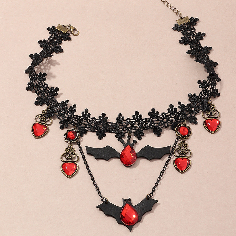 A woman is wearing a Maramalive™ Gothic Jewelry Red Bat Halloween Necklace Lace Choker with cartoon-style bats on it.