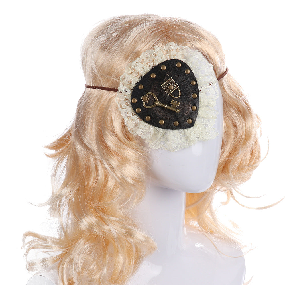A handmade mannequin with blond hair wearing a Steampunk Lolita Eyewear Eye Patch Cosplay Accessory adorned with lace from Maramalive™.